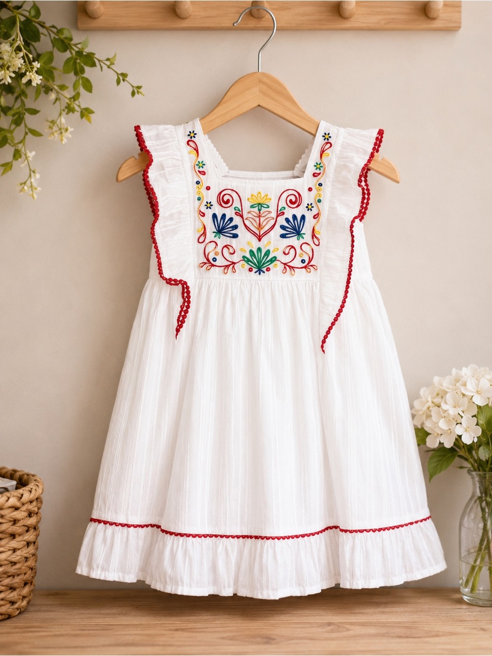 Cynthia Rowley White Embroidered Ruffle Dress with Red Trim